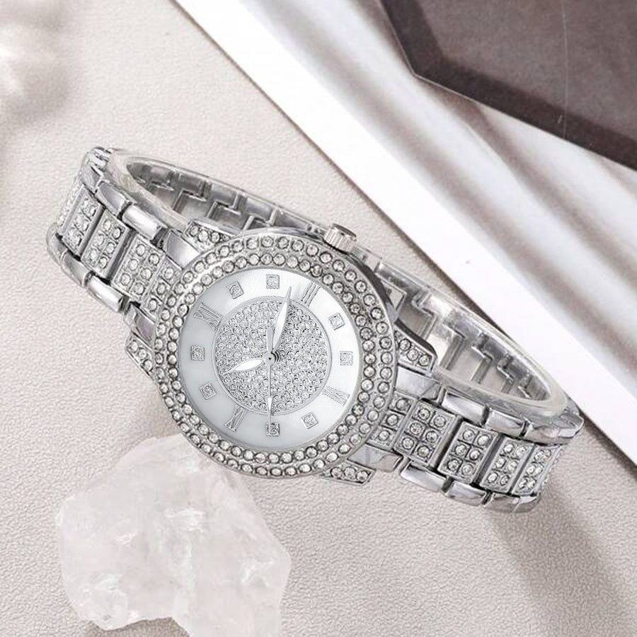 Women's Watch Silvery Rome Fashion Quartz Watch Sparkling Rhinestone Analog Wrist Watch & 6pcs Jewelry Set, Gift For Mom Her
