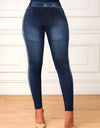 Faux Denim Print Yoga Workout Tight Pants, Stretch Sports Running Training Leggings, Women's Activewear