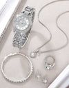 Women's Watch Silvery Rome Fashion Quartz Watch Sparkling Rhinestone Analog Wrist Watch & 6pcs Jewelry Set, Gift For Mom Her