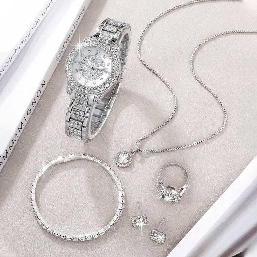 Women's Watch Silvery Rome Fashion Quartz Watch Sparkling Rhinestone Analog Wrist Watch & 6pcs Jewelry Set, Gift For Mom Her