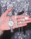 Women's Watch Silvery Rome Fashion Quartz Watch Sparkling Rhinestone Analog Wrist Watch & 6pcs Jewelry Set, Gift For Mom Her