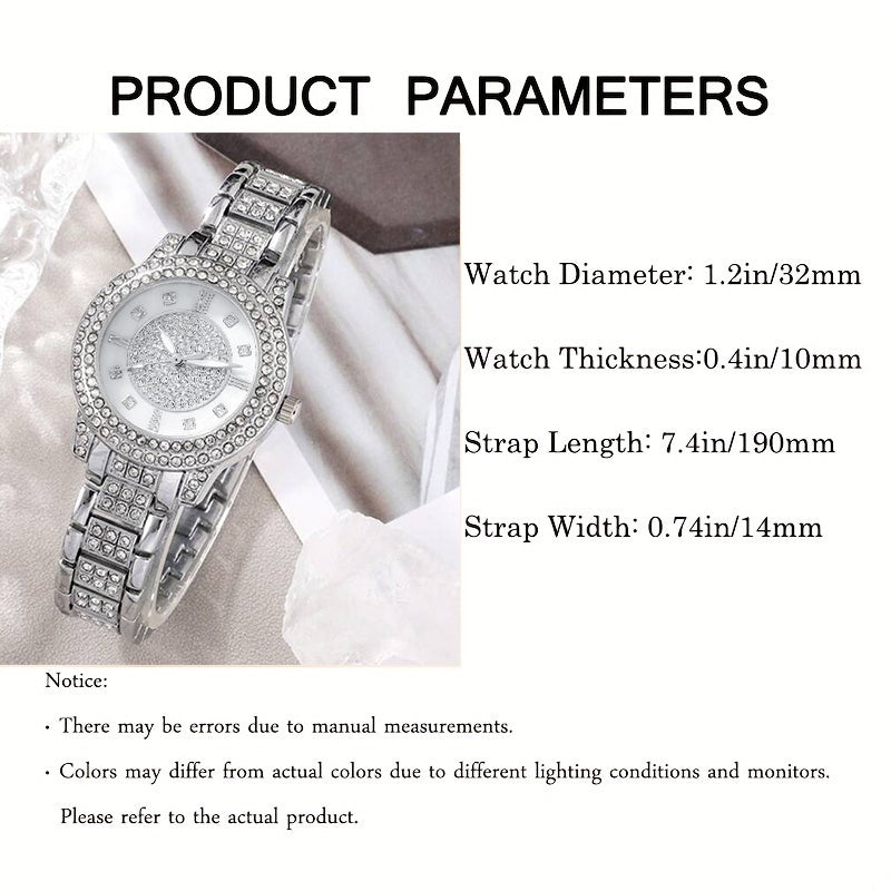Women's Watch Silvery Rome Fashion Quartz Watch Sparkling Rhinestone Analog Wrist Watch & 6pcs Jewelry Set, Gift For Mom Her