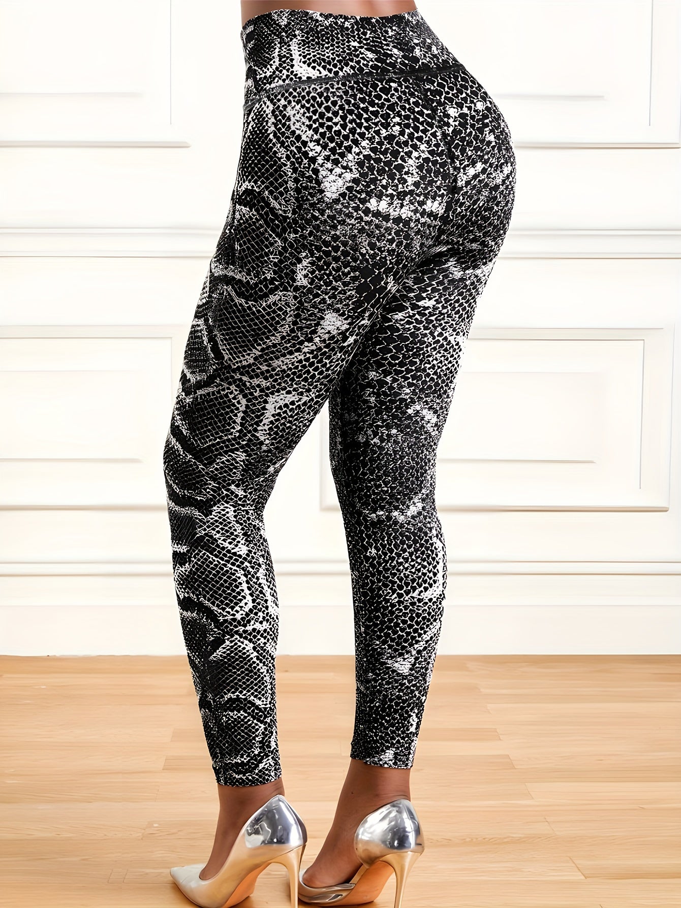 Faux Denim Print Yoga Workout Tight Pants, Stretch Sports Running Training Leggings, Women's Activewear