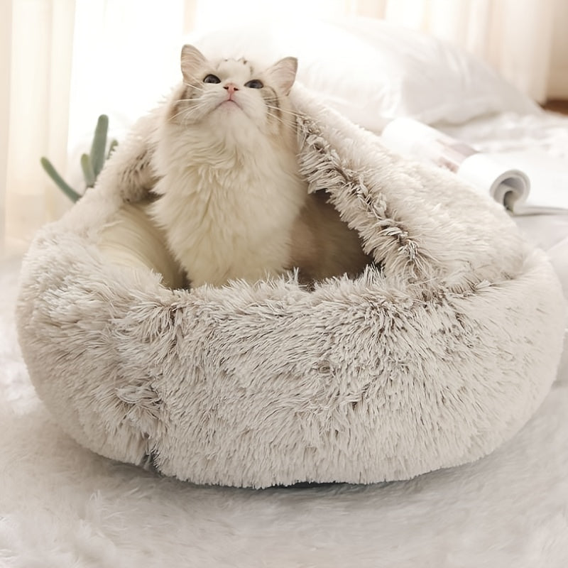 Plush Round Hooded Pet Bed, Warm Dog Bed For Small Dogs, Fluffy Soft Cat Bed, Donut Pet Cushion
