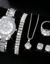 Women's Watch Silvery Rome Fashion Quartz Watch Sparkling Rhinestone Analog Wrist Watch & 6pcs Jewelry Set, Gift For Mom Her