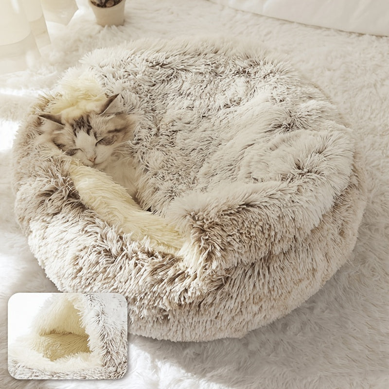 Plush Round Hooded Pet Bed, Warm Dog Bed For Small Dogs, Fluffy Soft Cat Bed, Donut Pet Cushion