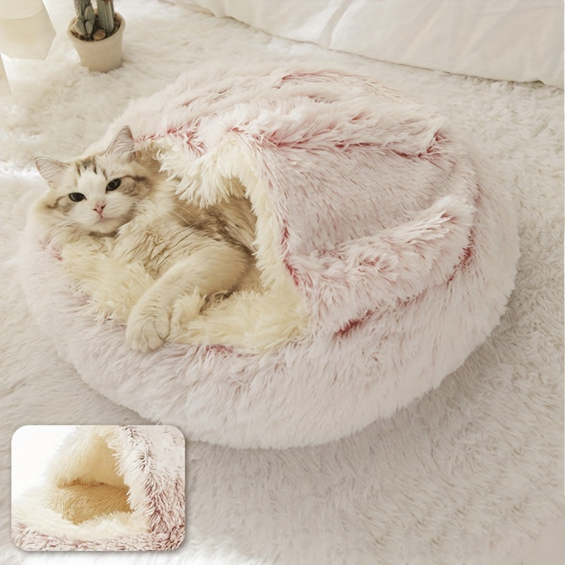 Plush Round Hooded Pet Bed, Warm Dog Bed For Small Dogs, Fluffy Soft Cat Bed, Donut Pet Cushion