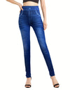 Faux Denim Print Yoga Workout Tight Pants, Stretch Sports Running Training Leggings, Women's Activewear