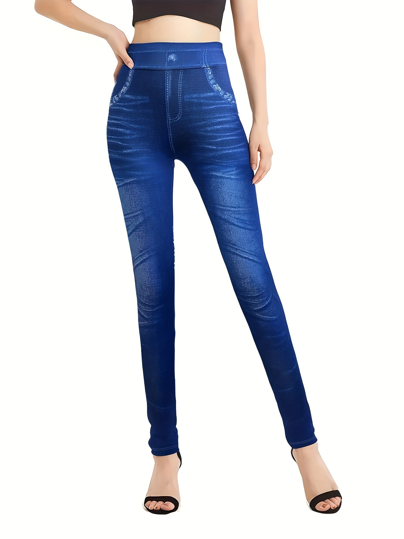 Faux Denim Print Yoga Workout Tight Pants, Stretch Sports Running Training Leggings, Women's Activewear