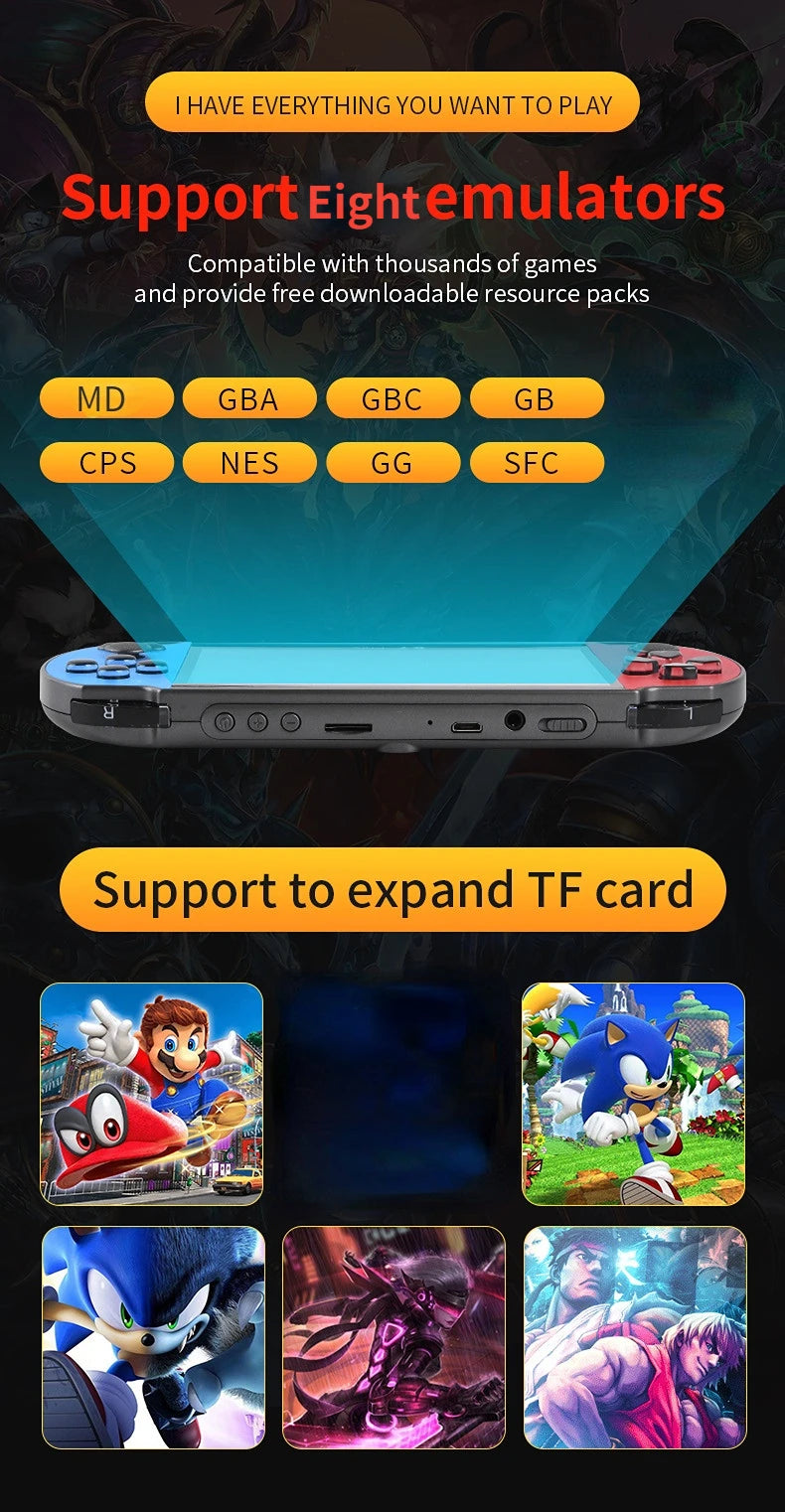 X7Plus Handheld Game Console 5.1Inch HD Screen Portable Audio Video Player Classic Play Built-in15000+ Free Games