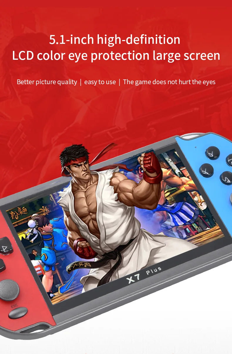 X7Plus Handheld Game Console 5.1Inch HD Screen Portable Audio Video Player Classic Play Built-in15000+ Free Games