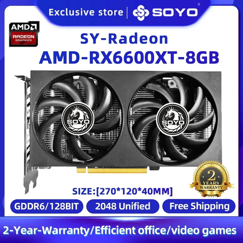 SOYO AMD Graphics Card Radeon RX580 RX5700XT 5500XT RX6600 6600XT 6600M GDDR6 Video Memory Gaming Card for Desktop Computers