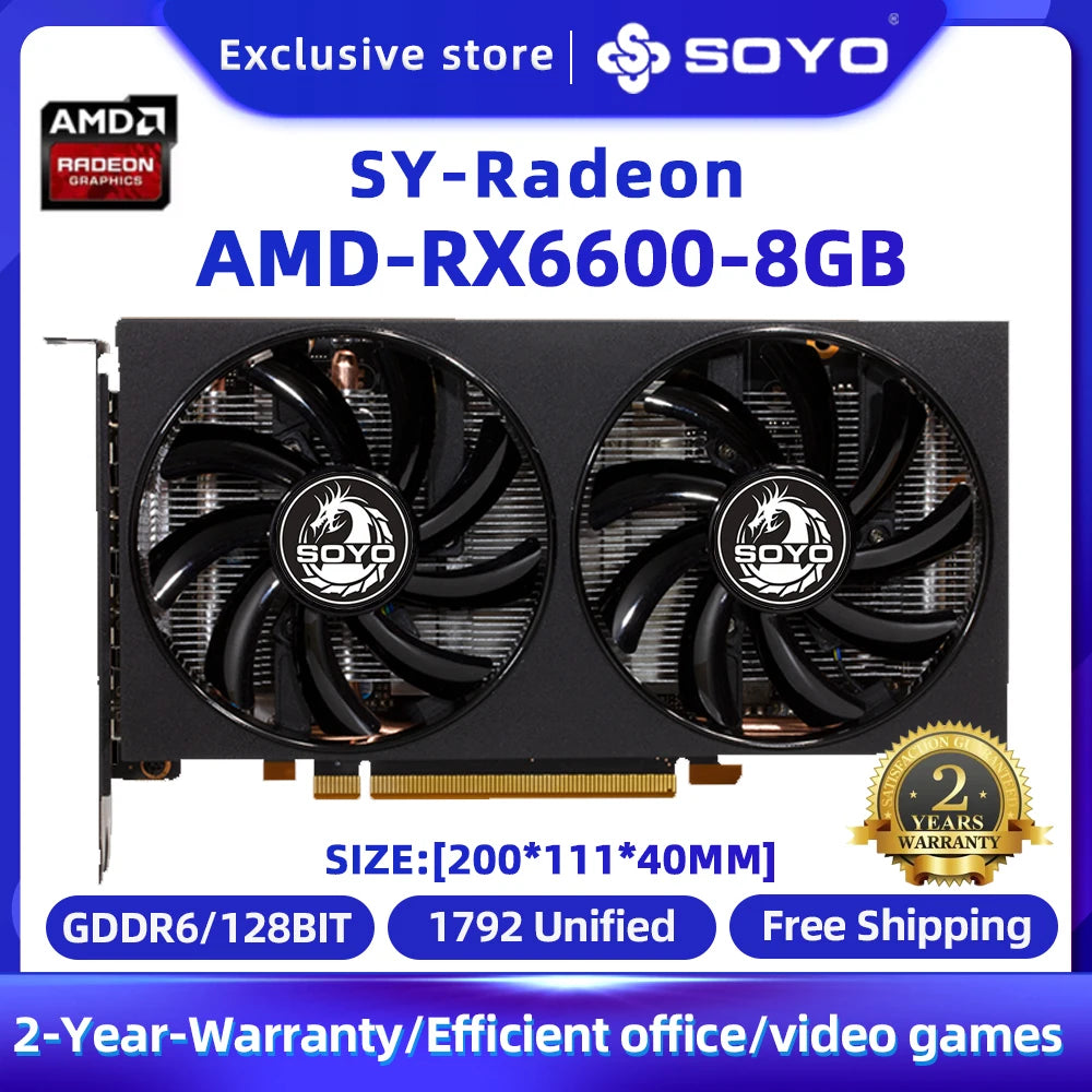 SOYO AMD Graphics Card Radeon RX580 RX5700XT 5500XT RX6600 6600XT 6600M GDDR6 Video Memory Gaming Card for Desktop Computers