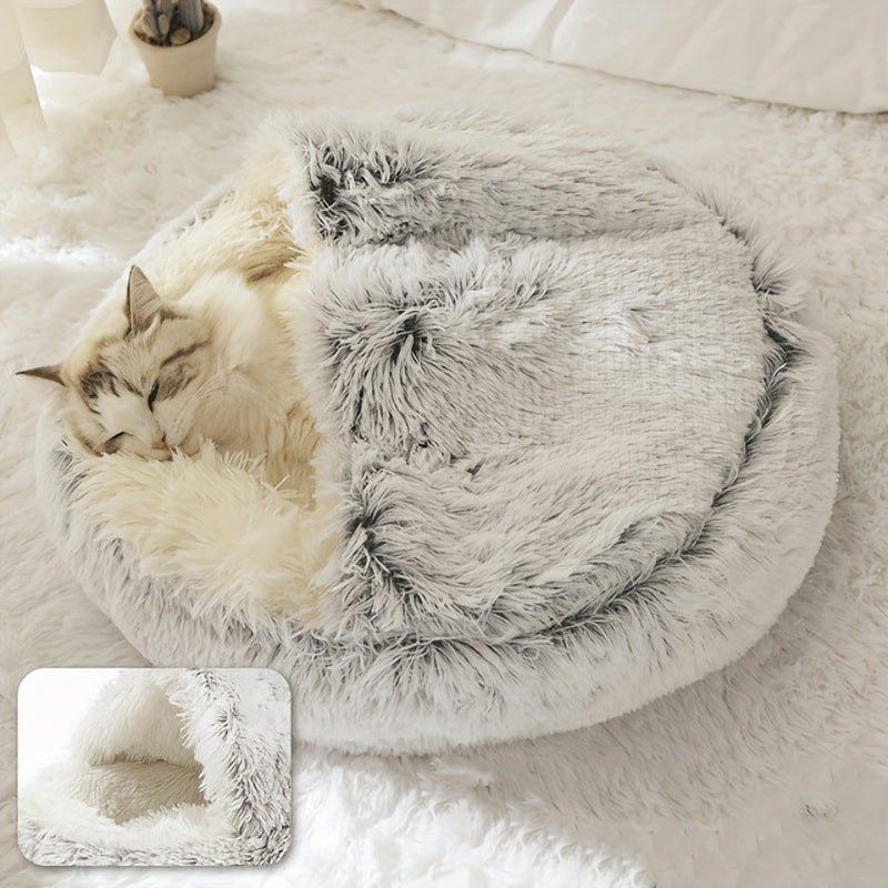 Plush Round Hooded Pet Bed, Warm Dog Bed For Small Dogs, Fluffy Soft Cat Bed, Donut Pet Cushion