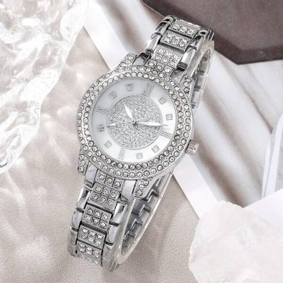 Women's Watch Silvery Rome Fashion Quartz Watch Sparkling Rhinestone Analog Wrist Watch & 6pcs Jewelry Set, Gift For Mom Her