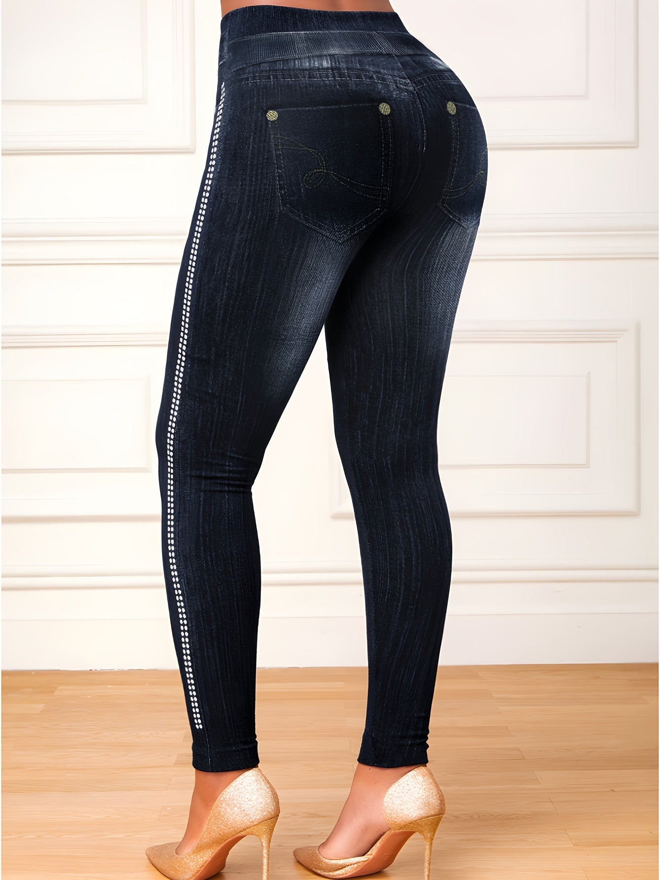 Faux Denim Print Yoga Workout Tight Pants, Stretch Sports Running Training Leggings, Women's Activewear