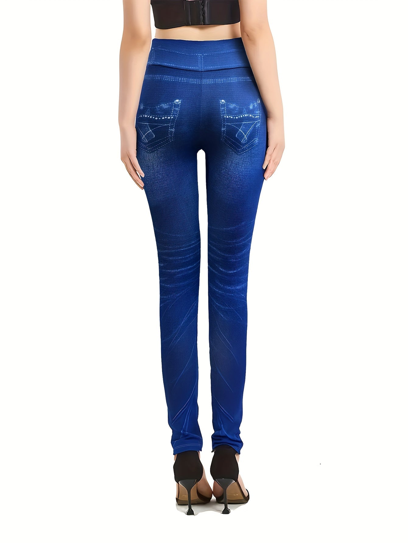 Faux Denim Print Yoga Workout Tight Pants, Stretch Sports Running Training Leggings, Women's Activewear
