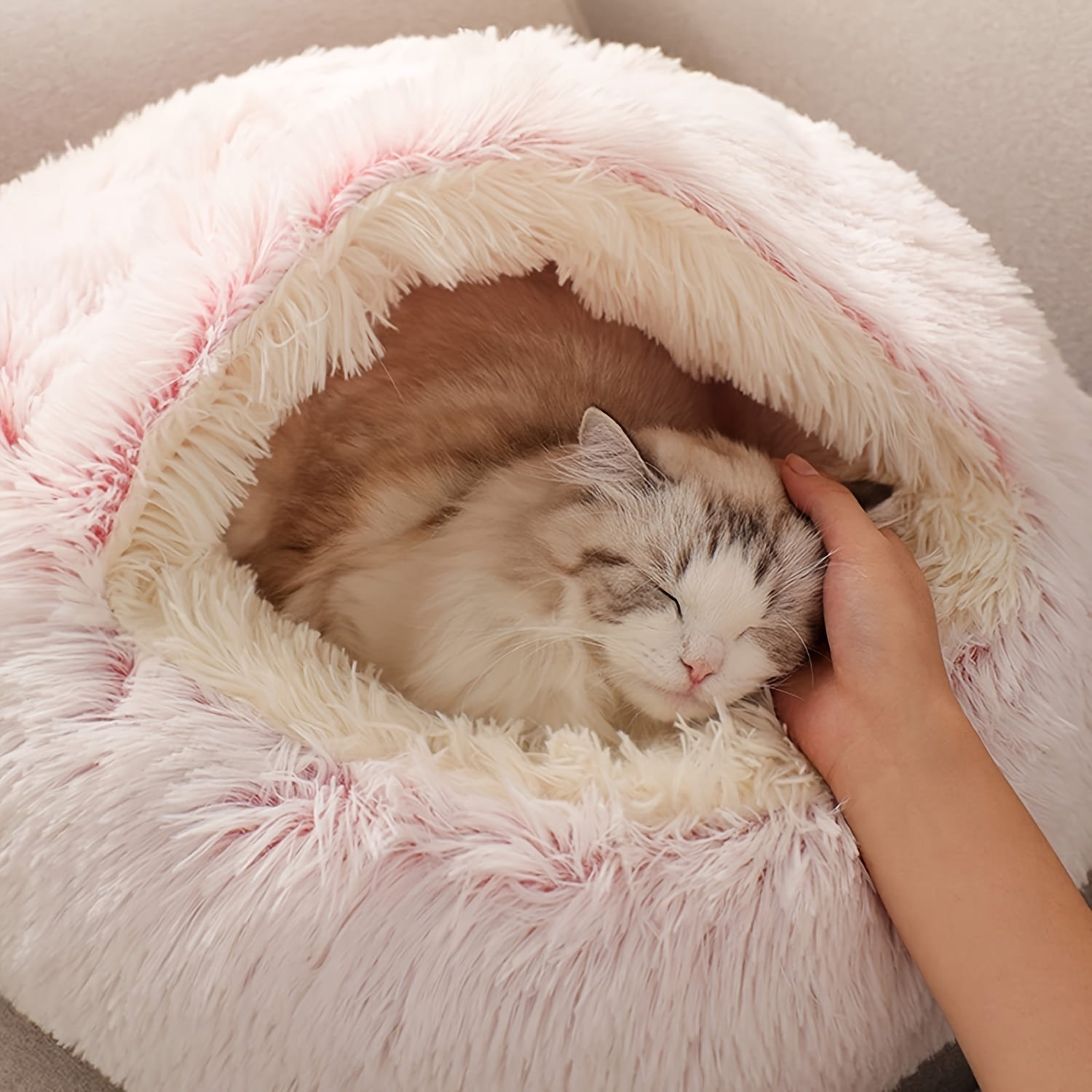 Plush Round Hooded Pet Bed, Warm Dog Bed For Small Dogs, Fluffy Soft Cat Bed, Donut Pet Cushion